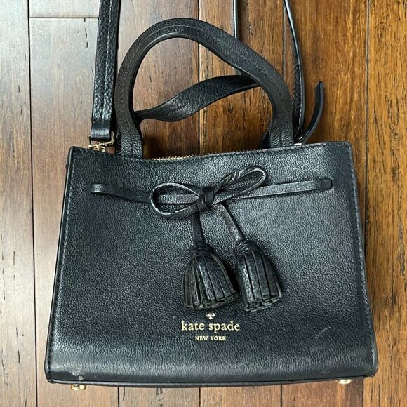Kate Spade Black Hayes Street Small Isobel Tasseled Bow Leather Bag  MSRP $358 - Picture 2 of 9